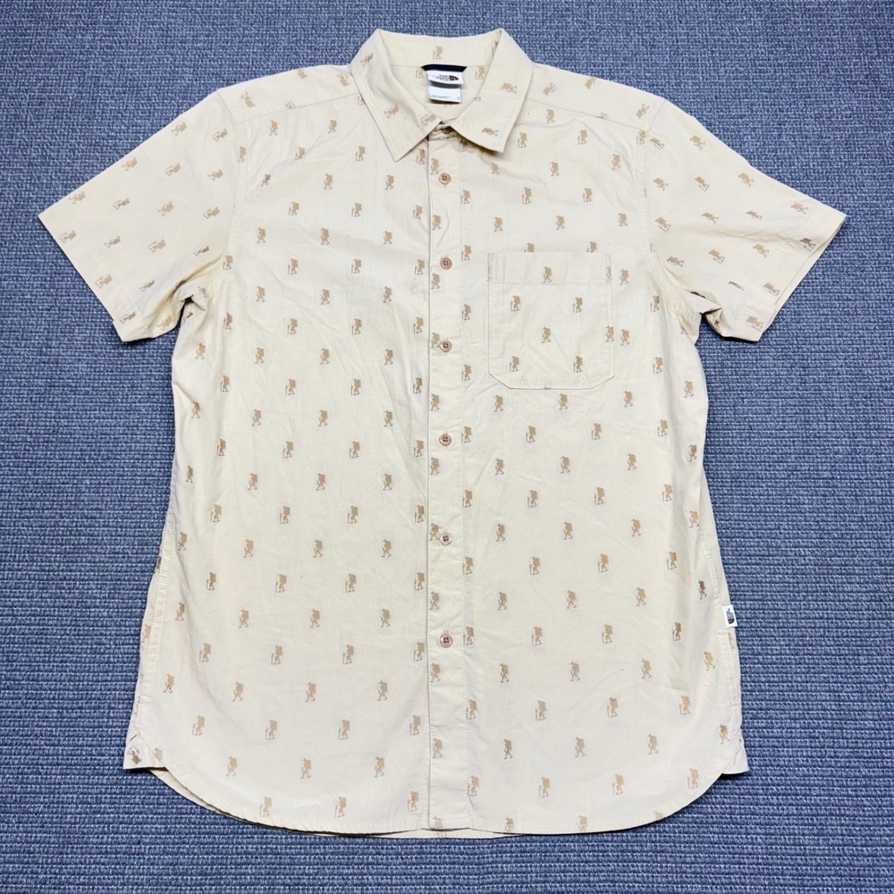 The North Face Mens Tan Hiker Print Short Sleeve Button Down Shirt Medium